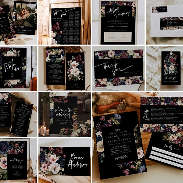 Moody Floral Wedding Invitation Template Bundle, Gothic Floral Wedding, Moody Fall Wedding Template Bundle, Floral Wedding Bundle | Alina