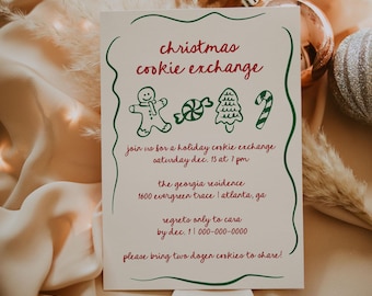 May include: A Christmas cookie exchange invitation with green and red text on a cream background. The invitation includes details about the event, including the date, time, location, and contact information. It also includes a request to bring two dozen cookies to share.