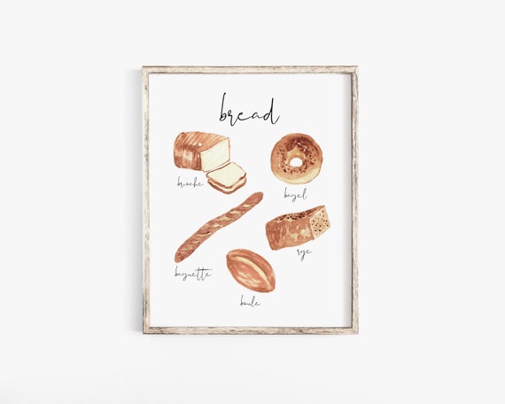 Printable Kitchen Wall Art, Bread Illustration Print, Kitchen Wall Art,Wall Prints, Foodie Gift, Kitchen Instant Download, Bread Digital Art