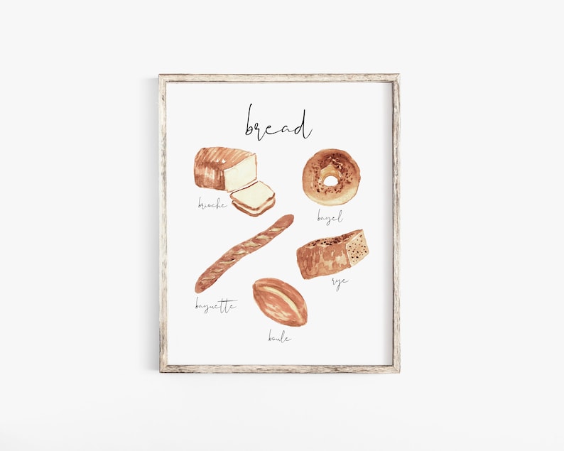 Utskrivbar köksväggkonst, brödillustrationstryck, köksväggkonst, väggtryck, matälskarepresent, direktnedladdning av kök, digital konst med bröd bild 1