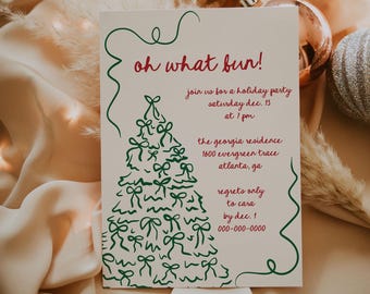 以下が含まれることがあります： 「oh what fun!」の赤い文字が入ったパーティー招待状。緑のクリスマスツリーのデザインと、12月15日午後7時のパーティーの詳細が記載されています。