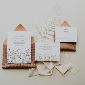 Boho Wedding Invitation Suite, Wildflower Wedding Invitation Kit, Bohemian Wedding Invitation Set, Delicate Floral Wedding Invite DIY | Ashe