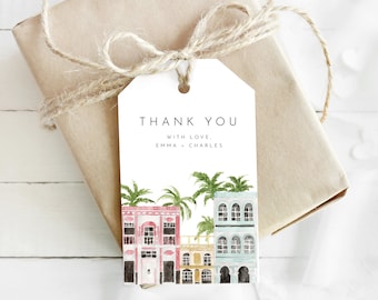 Watercolor Rainbow Row Thank You Tag, Charleston Favor Tag, Watercolor Gift Tag Template, Editable Beach Themed Tag, Printable Tags | Isla