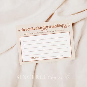 A beige and brown fill-in-the-blank card for guests to share favorite childhood traditions. This timeless design is ideal for baby showers, Thanksgiving, or special occasions celebrating family memories