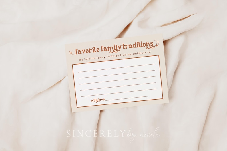 A beige and brown fill-in-the-blank card for guests to share favorite childhood traditions. This timeless design is ideal for baby showers, Thanksgiving, or special occasions celebrating family memories
