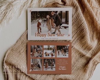 Puede incluir: Dos tarjetas de felicitación navideñas con fotos familiares. La tarjeta superior dice "Happy New Year" con una foto familiar en un entorno nevado. La tarjeta inferior tiene varias fotos y el texto "May your holiday season be full of love and happiness."