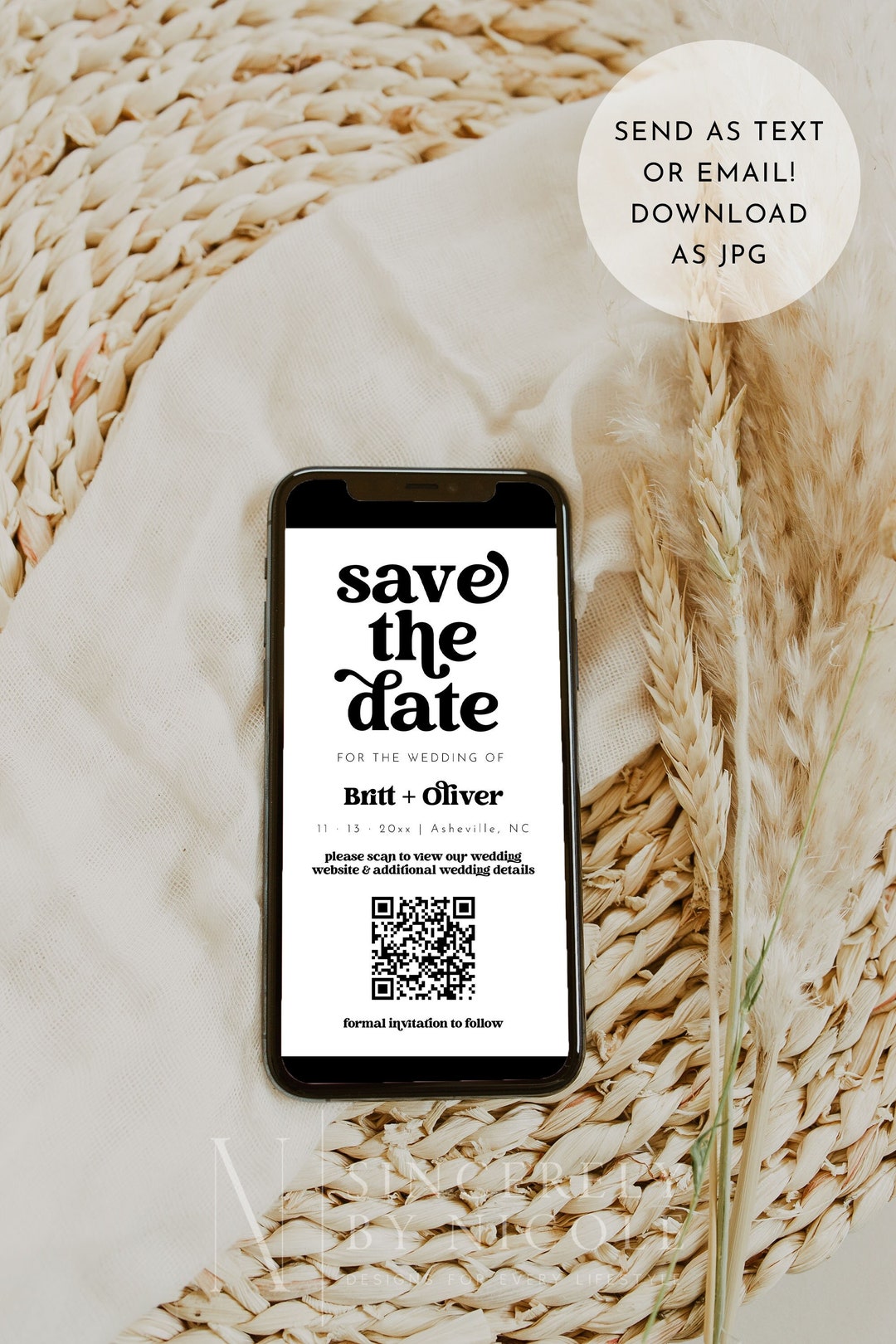 Text Save the Date With QR Code, Instant Download Save the Date Qr Code