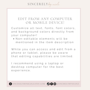 Guidelines for editing templates on desktop or mobile. Customize text, fonts, and colors in Canva, with recommendations for optimal use on laptops or desktops. Ideal for personalizing invitations, event signs, or cards.