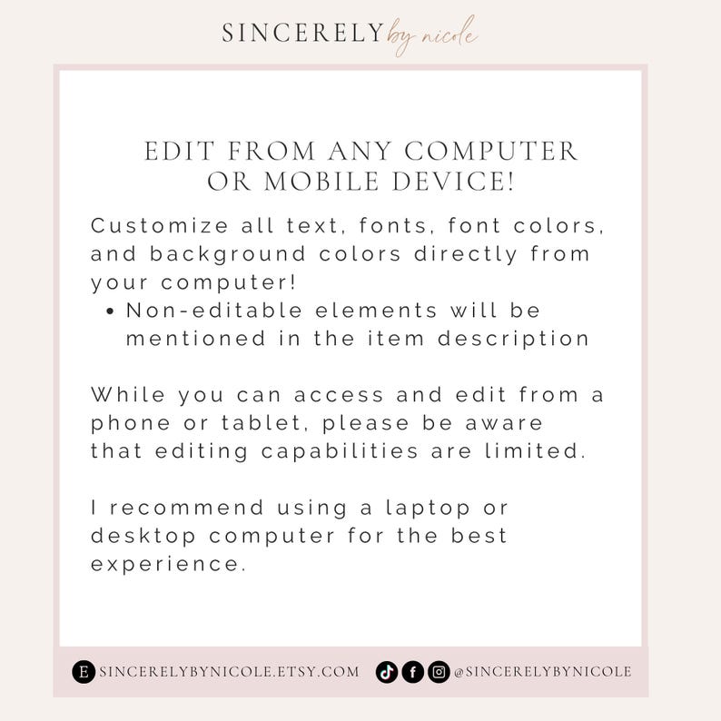 Guidelines for editing templates on desktop or mobile. Customize text, fonts, and colors in Canva, with recommendations for optimal use on laptops or desktops. Ideal for personalizing invitations, event signs, or cards.
