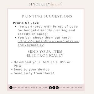 Printing and sharing tips for digital templates. Features a recommended printing partner and options for downloading designs in JPG or PNG. Great for creating professional-quality wedding invitations, cards, or event signage