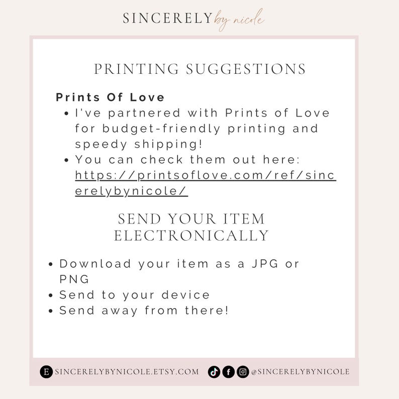 Printing and sharing tips for digital templates. Features a recommended printing partner and options for downloading designs in JPG or PNG. Great for creating professional-quality wedding invitations, cards, or event signage