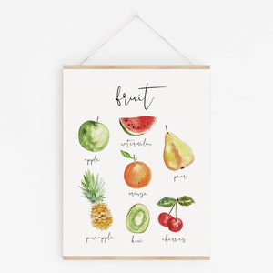 Op de afbeelding: Een aquarel-illustratie van verschillende vruchten, waaronder een appel, een watermeloen, een peer, een sinaasappel, een ananas, een kiwi en kersen. Het woord "fruit" staat bovenaan de afbeelding, en elke vrucht is met zijn naam gelabeld.