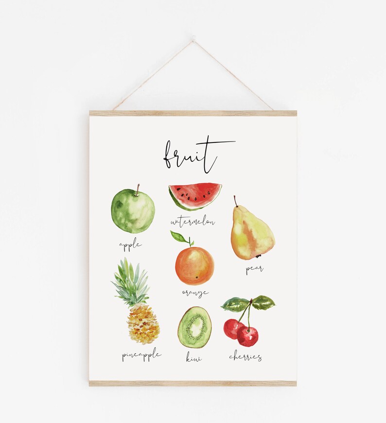 Op de afbeelding: Een aquarel-illustratie van verschillende vruchten, waaronder een appel, een watermeloen, een peer, een sinaasappel, een ananas, een kiwi en kersen. Het woord "fruit" staat bovenaan de afbeelding, en elke vrucht is met zijn naam gelabeld.