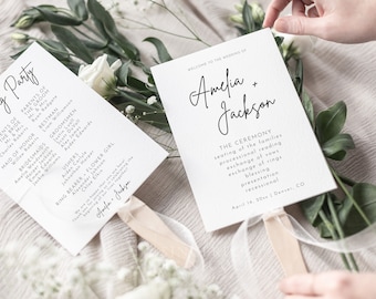 Wedding Program Fan Template, Printable Wedding Fan Program, Wedding Ceremony Fans, Modern Minimalist Wedding Program Fan Template | Juliet