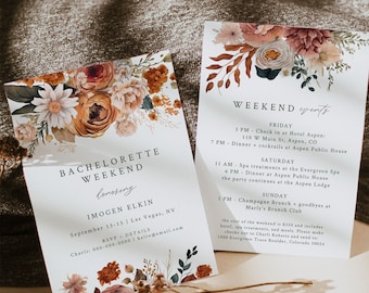 May include: A floral-themed invitation for a bachelorette weekend honoring Imogen Elkin in Las Vegas, Nevada. The invitation includes the dates September 13-15 and a list of weekend events in Aspen, Colorado. The text "SINCERELY by nicole" is at the bottom of the invitation.