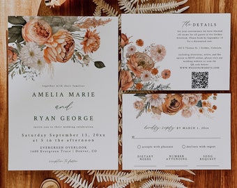 Boho Wedding Invitation Suite, Floral Wedding Invitations, Fall Wedding Invite Suite, Boho Wedding QR Code Details Card, Floral Invite ELISE