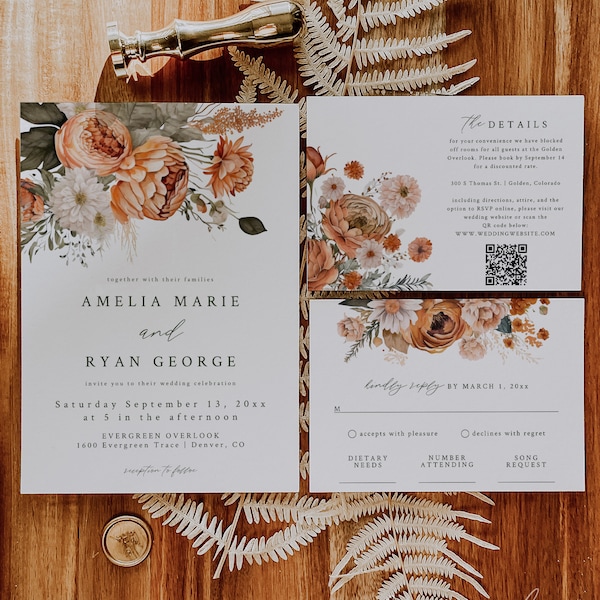 Boho Wedding Invitation Suite, Floral Wedding Invitations, Fall Wedding Invite Suite, Boho Wedding QR Code Details Card, Floral Invite ELISE