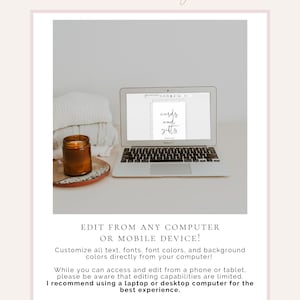 May include: A laptop computer screen displaying a digital design template for a sign that reads "cards and gifts". The text "EDIT FROM ANY COMPUTER OR MOBILE DEVICE!" is displayed below the image. The text "Customize all text, fonts, font colors, and background colors directly from your computer!" is displayed below the text "EDIT FROM ANY COMPUTER OR MOBILE DEVICE!". The text "While you can access and edit from a phone or tablet, please be aware that editing capabilities are limited. I recommend using a laptop or desktop computer for the best experience." is displayed below the text "Customize all text, fonts, font colors, and background colors directly from your computer!". The text "ESINCERELYBYNICOLE.ETSY.COM f@SINCERELYBYNICOLE" is displayed at the bottom of the image.