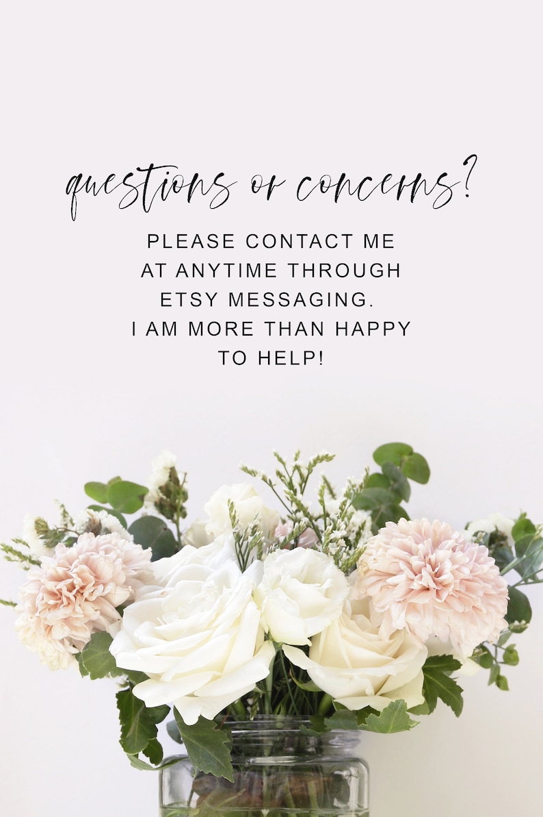 May include: A bouquet of white and pink flowers in a clear glass vase. The flowers include roses, carnations, and baby's breath. The text "questions or concerns? PLEASE CONTACT ME AT ANYTIME THROUGH ETSY MESSAGING. I AM MORE THAN HAPPY TO HELP!" is written in black on a white background.