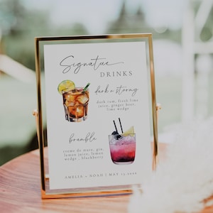 Modern signature drink sign highlighting two popular cocktails: Dark N' Stormy and Bramble. Illustrated details add a stylish touch. Personalized for weddings or events, blending creativity and functionality.