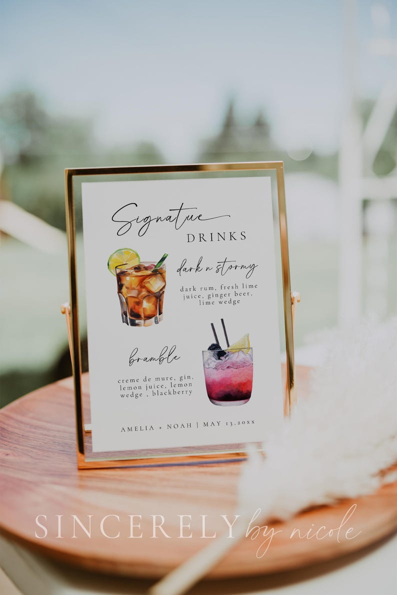 Modern signature drink sign highlighting two popular cocktails: Dark N' Stormy and Bramble. Illustrated details add a stylish touch. Personalized for weddings or events, blending creativity and functionality.