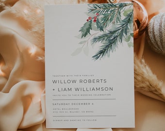 Winter Wedding Invitation Template, Christmas Wedding Invitation, Christmas Wedding Invitation Printable, Rustic Holiday Invitation | Eira