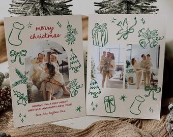May include: A Christmas card with a photo of a family with a dog. The card has a green and red color scheme with a festive message that reads "merry christmas" and "WISHING YOU A VERY MERRY CHRISTMAS AND HAPPY NEW YEAR! love, the taylors 20x".