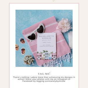 May include: A pink and white striped beach towel with a bachelorette weekend invitation card on top. The card has a white background with black text and a colorful illustration of buildings. The text on the card reads "Bachelorette Weekend", "Abbey Zahn", "May 4th, 2023", and "Charleston, South Carolina".