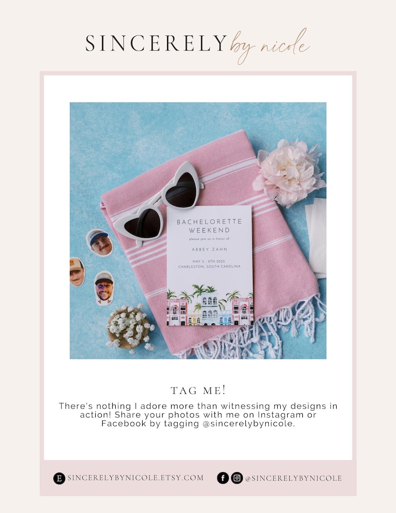May include: A pink and white striped beach towel with a bachelorette weekend invitation card on top. The card has a white background with black text and a colorful illustration of buildings. The text on the card reads "Bachelorette Weekend", "Abbey Zahn", "May 4th, 2023", and "Charleston, South Carolina".