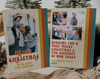 Christmas Card with Photo Template, Editable Merry Christmas Photo Card, Holiday Card Template, Card Download with Pictures, Retro | Stacy
