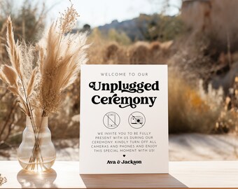 Unplugged Ceremony Sign Template, Boho Unplugged Wedding Poster, Unplugged Wedding Sign, Retro No Phones Sign, Editable, Printable | Charli