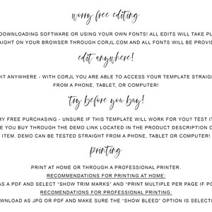 K&ouml;nnte beinhalten: Textbasierte Anweisungen zum Bearbeiten und Drucken einer digitalen Vorlage. Der Text lautet "worry free editing", "edit anywhere", "try before you buy", "worry free purchasing" und "printing".