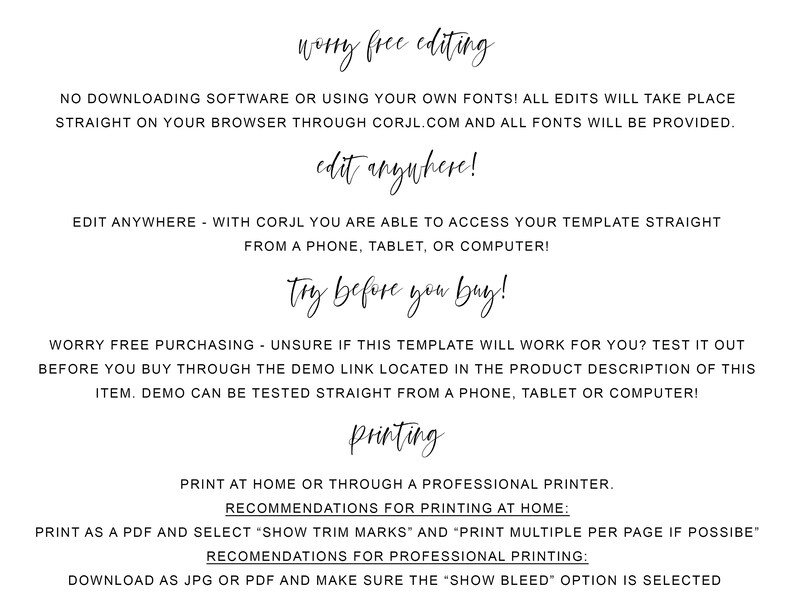 K&ouml;nnte beinhalten: Textbasierte Anweisungen zum Bearbeiten und Drucken einer digitalen Vorlage. Der Text lautet "worry free editing", "edit anywhere", "try before you buy", "worry free purchasing" und "printing".