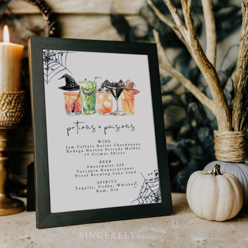 Halloween-themed bar sign with colorful drinks, featuring spooky decorations like witch hats and cobwebs. The drinks menu includes wine, beer, and spirits, perfect for a festive Halloween party.