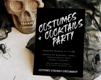 May include: Black and white invitation card with the text "COSTUMES + COCKTAILS PARTY" in a handwritten style. The invitation details a Halloween party hosted by Madison and Emma on Saturday, October 11th at 9 PM at 1000 Evergreen Trace, Golden, Colorado. RSVP by October 1st to Emma at 678-000-0000 or emailgemail.com. The text "COSTUMES STRONGLY ENCOURAGED" is also included. The invitation is on a black background with white text.