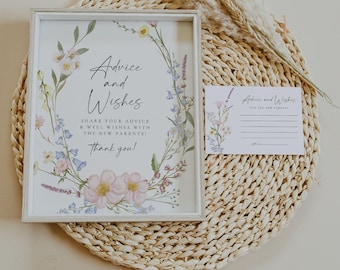 Wildflower Baby Shower Advice and Wishes Sign and Card, Advice for New Parents, Wildflower Baby Shower, Floral Baby Shower Advice | Elowen