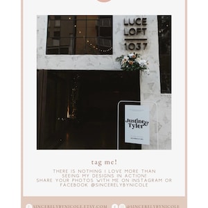 May include: A wedding sign with the names Justine and Tyler on a white background with a black border. The sign is on a clear acrylic stand. The sign is in front of a white brick wall with a black door. The sign is in front of a sign that says "LUCE LOFT 1037".