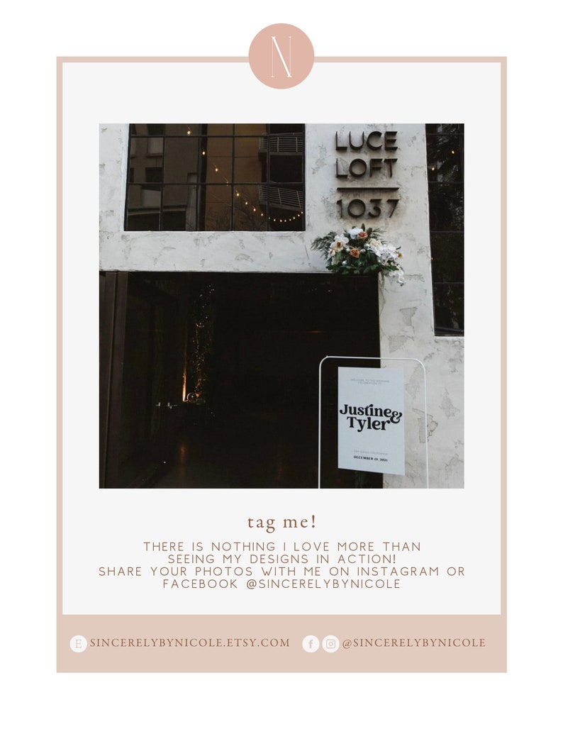 May include: A wedding sign with the names Justine and Tyler on a white background with a black border. The sign is on a clear acrylic stand. The sign is in front of a white brick wall with a black door. The sign is in front of a sign that says "LUCE LOFT 1037".