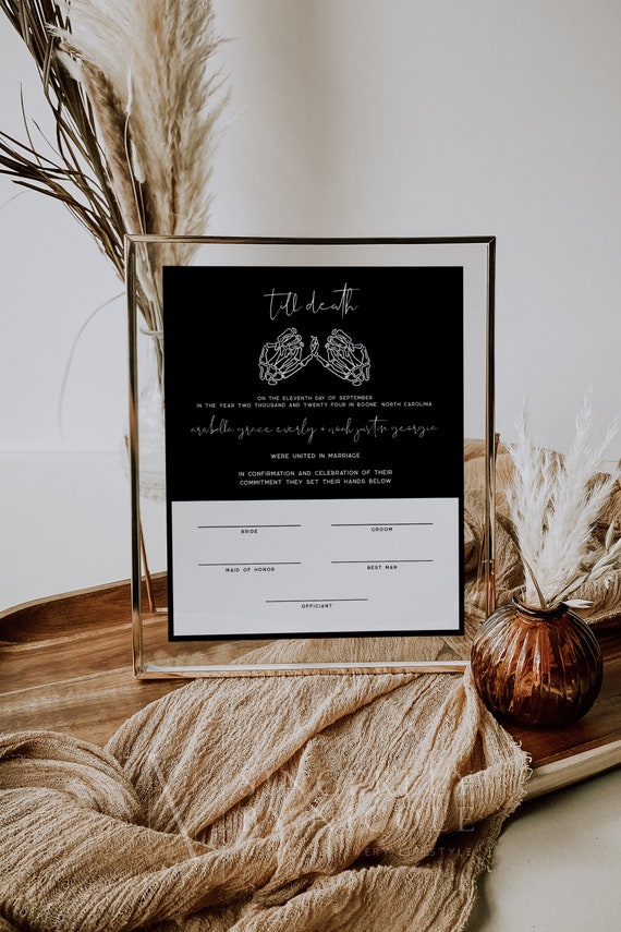 Gothic Wedding Certificate Of Marriage, Skeleton Wedding Marriage Certificate, Moody Wedding, Halloween, Edgy Wedding Keepsake | Cordelia
