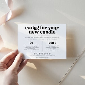 May include: A white card with black text that reads "caring for your new candle". The card provides instructions on how to care for a candle, including "do" and "don't" lists. The card also includes social media icons and the website address "willowandbirchco.com".