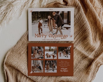 May include: A Christmas card with a photo of a family in a snowy setting. The card has a red background with a collage of photos of the family. The text on the card reads "Merry Christmas" and "The Taylor Family".