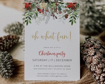 Oh What Fun Christmas Party Invitation, Editable Printable Holiday Party Invite, Holly Christmas Party Invitation, Christmas Holiday | Holly