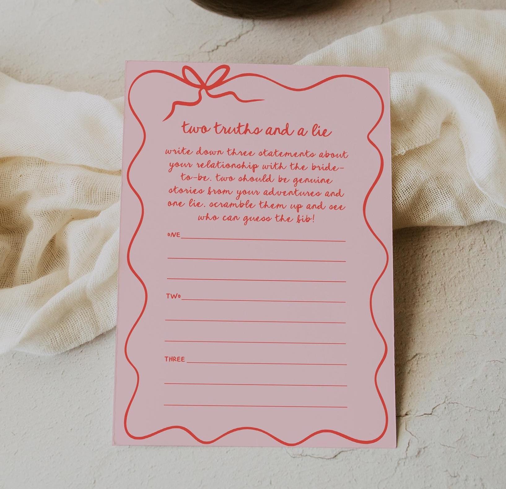 Two Truths and A Lie, Hand Drawn Bridal Shower Game, Wavy Border Bridal Shower, Canva Bridal Shower, Printable Two Truths and A Lie | Carly