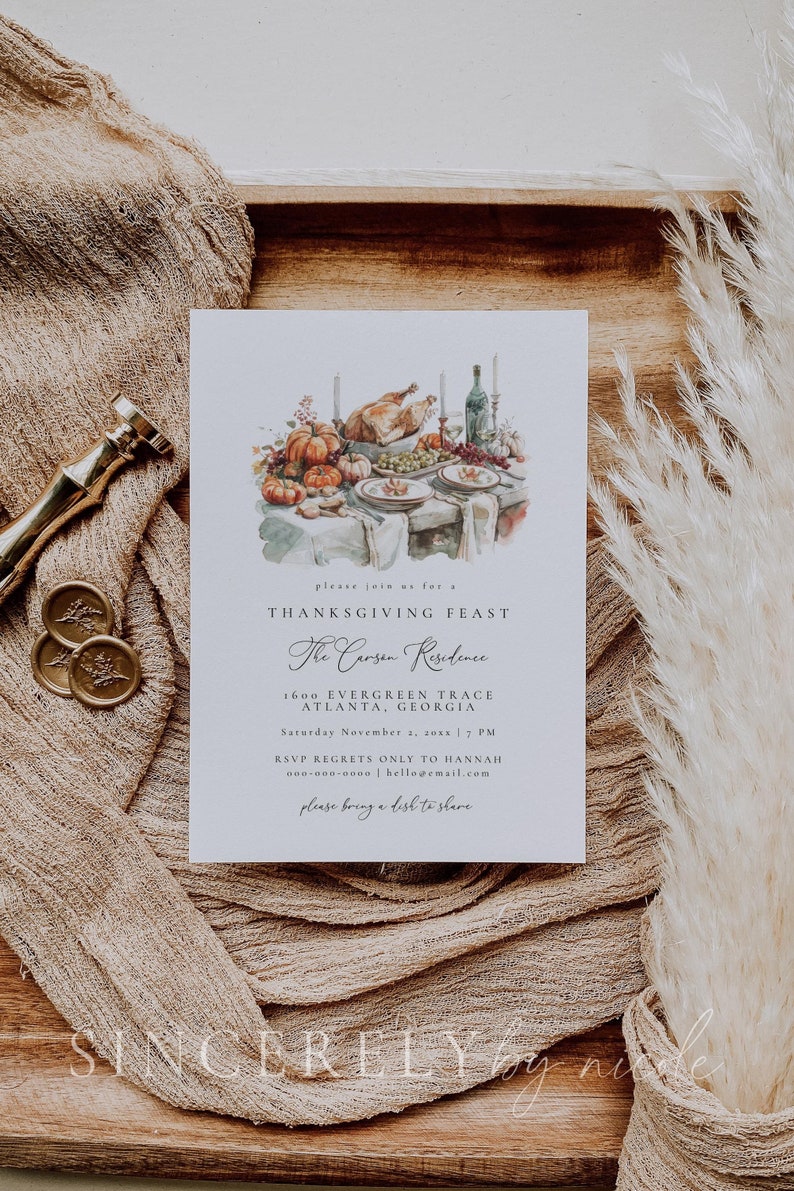 Elegant Thanksgiving invitation card showing a festive table with pumpkins, turkey, wine, and candles. Includes event details, RSVP information, and a note to bring a dish. A beautiful way to invite guests to your holiday gathering.