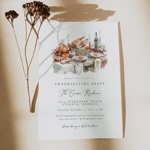 Thanksgiving feast invitation featuring an illustrated table setting with pumpkins, turkey, and autumn decor. Join us for a holiday celebration at the Carson residence, details include RSVP and time. Perfect for seasonal gatherings.