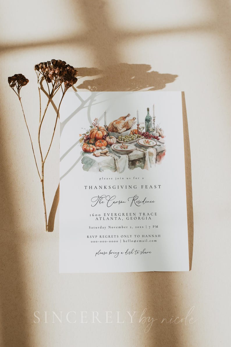 Thanksgiving feast invitation featuring an illustrated table setting with pumpkins, turkey, and autumn decor. Join us for a holiday celebration at the Carson residence, details include RSVP and time. Perfect for seasonal gatherings.