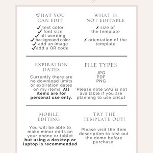 May include: A white and pink graphic with the text "SINCERELY by nicole" at the top. The graphic lists what is editable and not editable in a digital template. The graphic also lists file types, expiration dates, mobile editing, and how to try the template out. The graphic includes the website and social media handles for the creator.