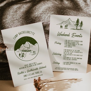 Camp Bachelorette Party Invitation and Itinerary Template, Camp Bachelorette Invite Template, Camping Bachelorette, Mountain Bach | Tess
