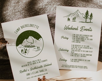 Camp Bachelorette Party Invitation and Itinerary Template, Camp Bachelorette Invite Template, Camping Bachelorette, Mountain Bach | Tess