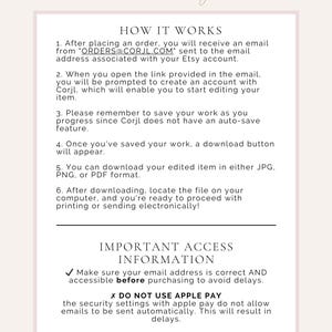 May include: A white and pink graphic with instructions on how to use Corjl to edit and download a digital product. The text includes the email address ORDERS@CORJL.COM and a warning to avoid using Apple Pay.